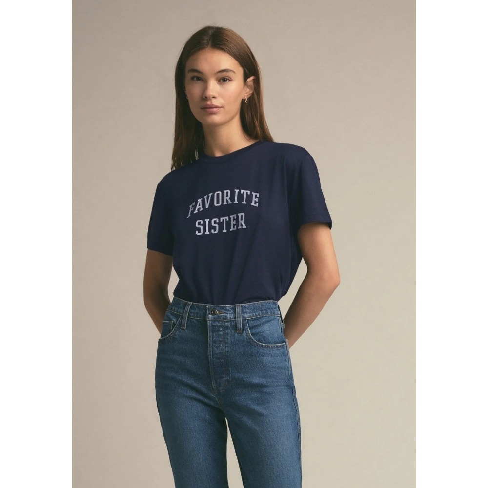 Favorite Daughter Favorite Sister Cropped Collegiate Tee Womens XS Navy Blue EUC